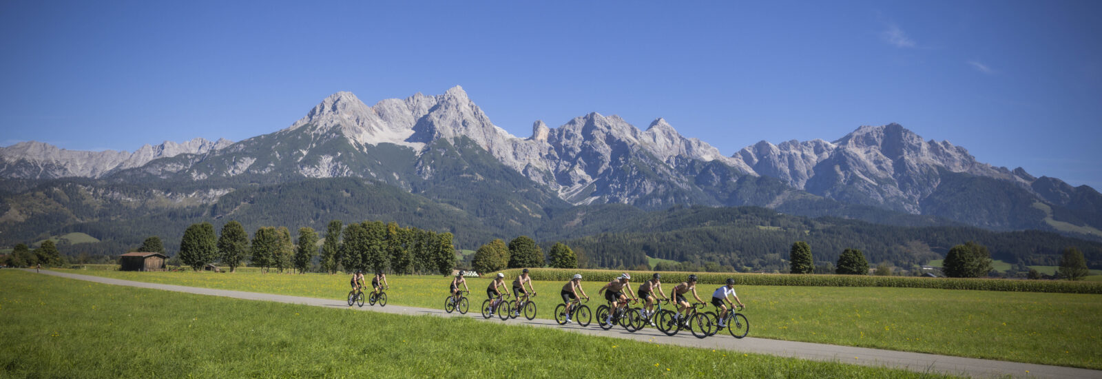 Eine Gruppe von Radfahrern fährt auf einem Weg durch eine grüne Wiese, im Hintergrund sind Berge zu sehen, und über ihnen erstreckt sich ein strahlend blauer Himmel.