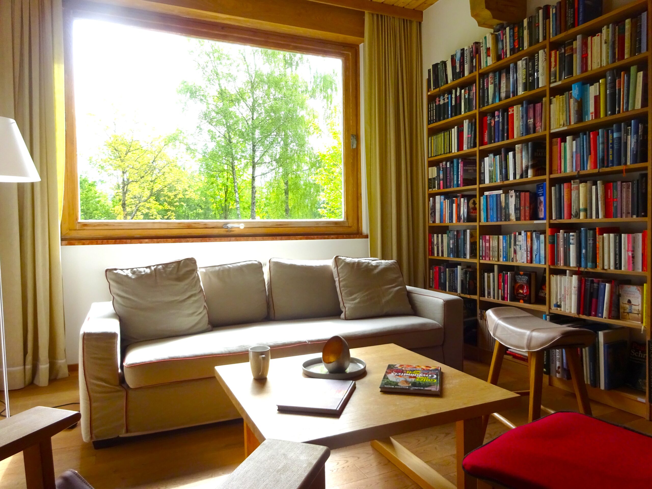 Gemütliches Wohnzimmer mit Sofa, Bücherregalen, großem Fenster, Couchtisch und Tageslicht.