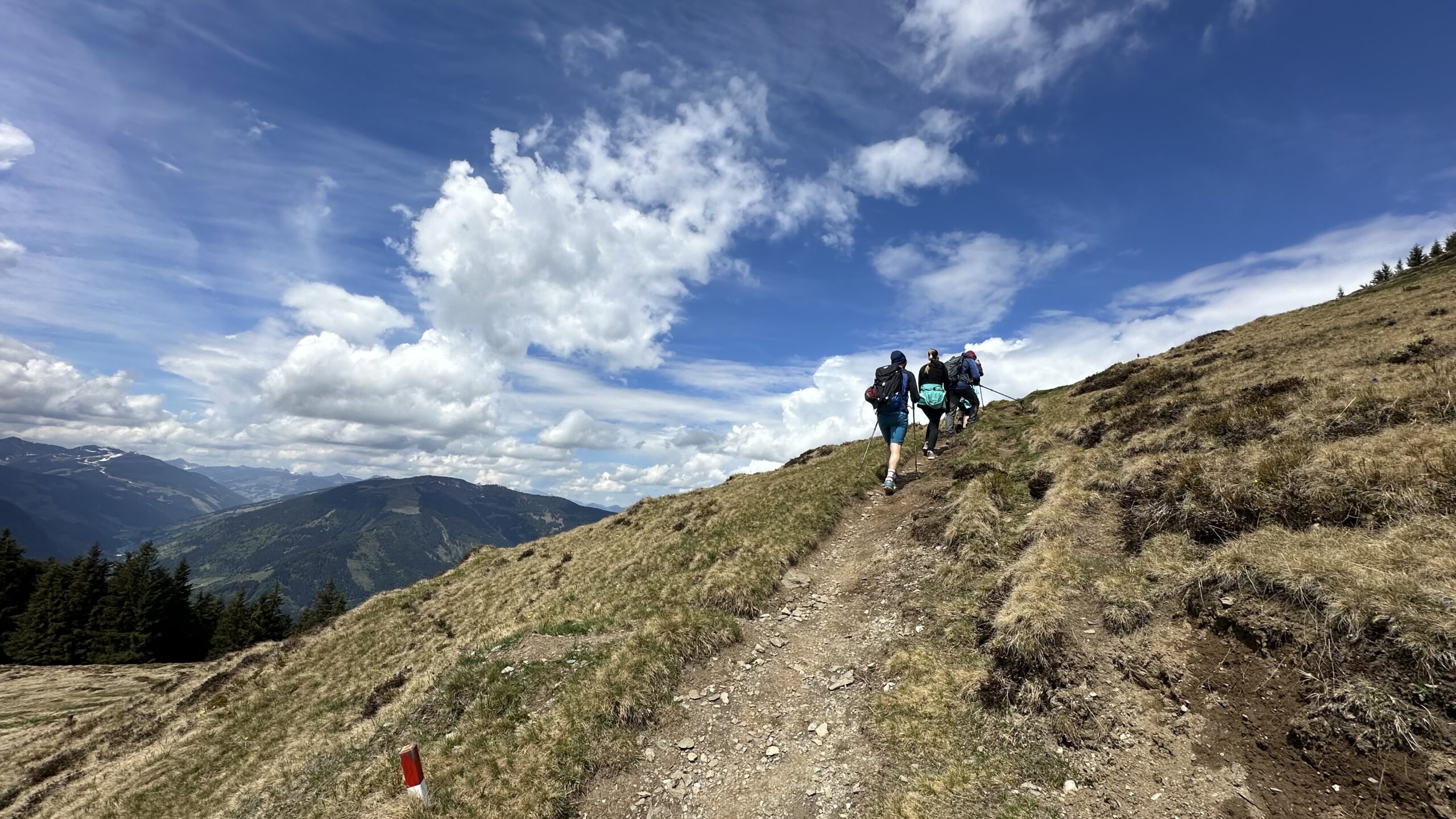 Drei Wanderer steigen unter strahlend blauem Himmel mit vereinzelten Wolken den felsigen Schwalbenwand-Wanderweg hinauf.