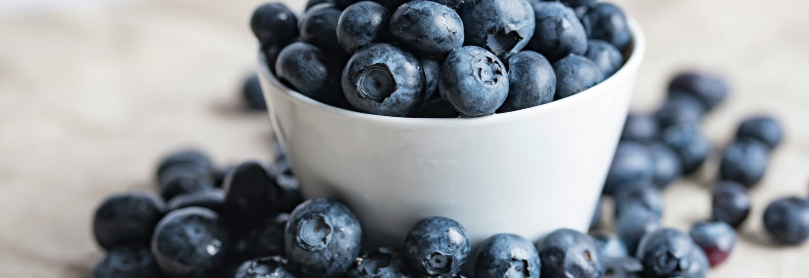 Eine weiße Schüssel, gefüllt mit frischen Heidelbeeren, um die herum weitere Heidelbeeren auf einer beigen Fläche verstreut liegen.