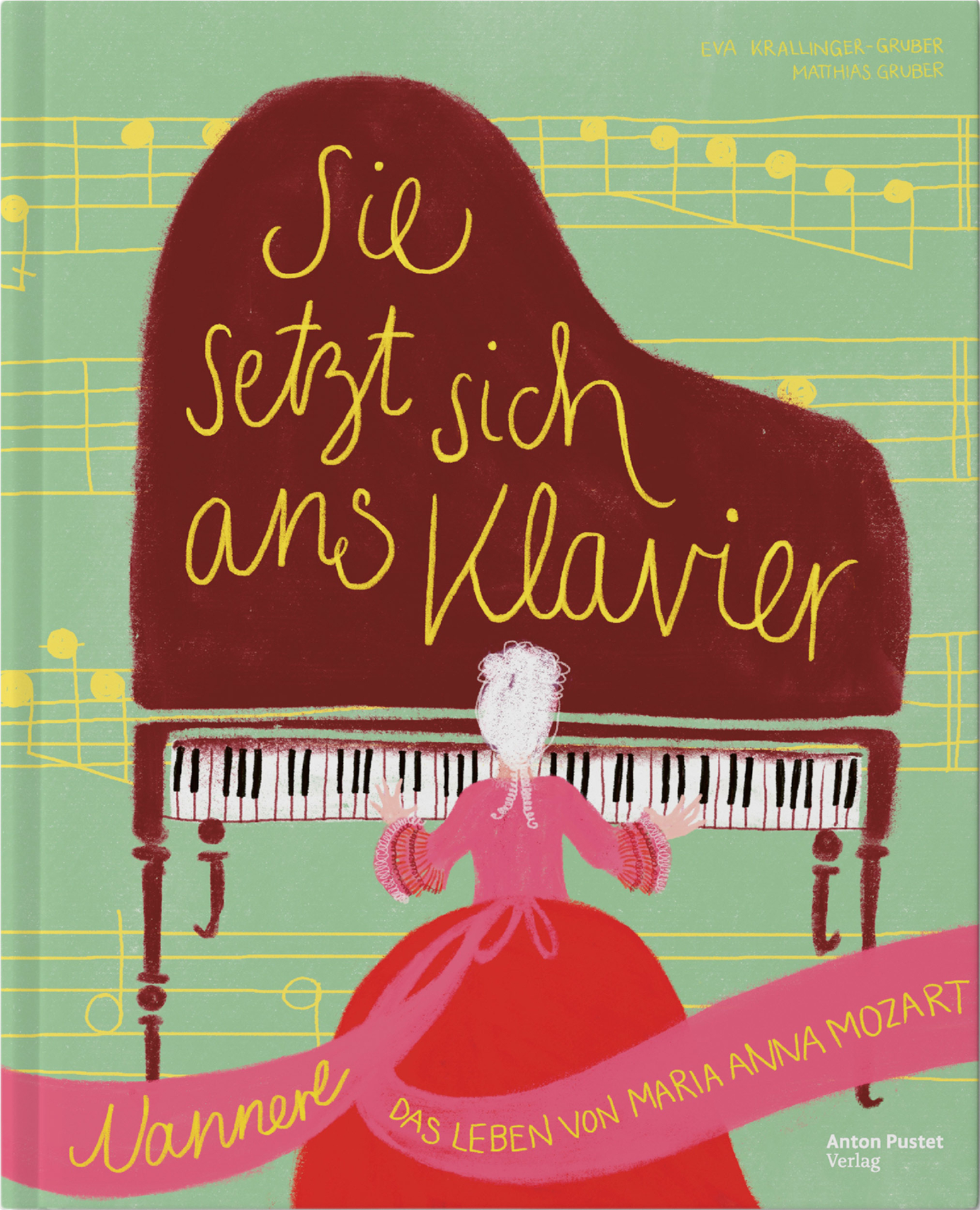 Illustration einer Frau in einem rosa Kleid, die Klavier spielt, mit einem deutschen Text über das Leben von Maria Anna Mozart.