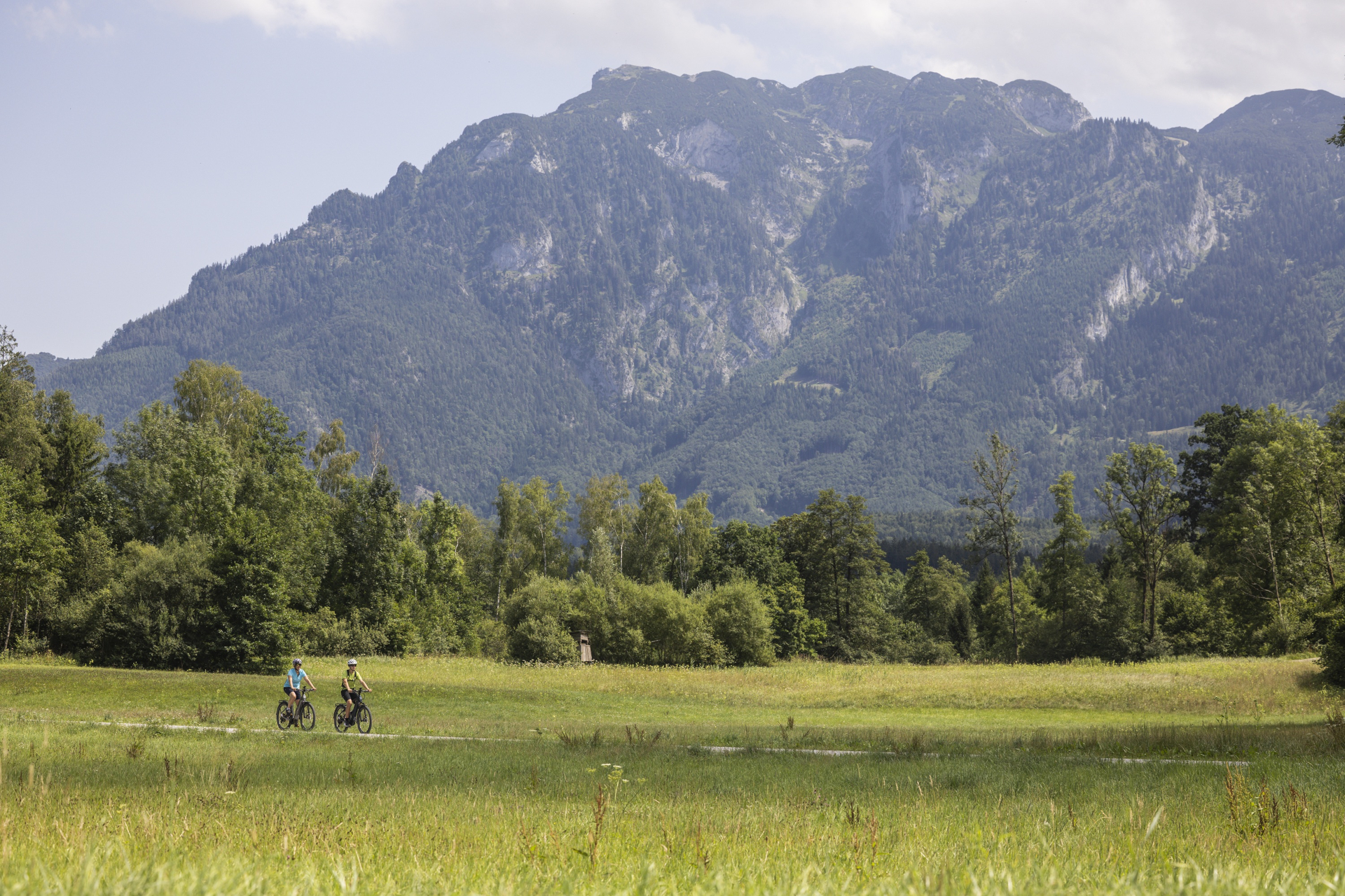 Zwei Menschen fahren mit dem Fahrrad über eine grüne Wiese, im Hintergrund sind große, bewaldete Berge zu sehen.